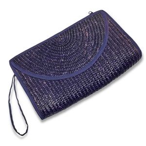 70s Vintage Large Dark Blue Purple Straw Clutch Purse Bag Zipper Mod Boho Summer